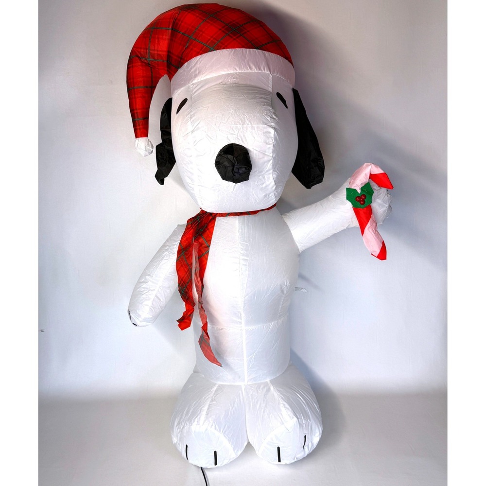 Peanuts Snoopy Christmas Inflatable Plaid Santa Hat Candy Cane LED Yard Decor